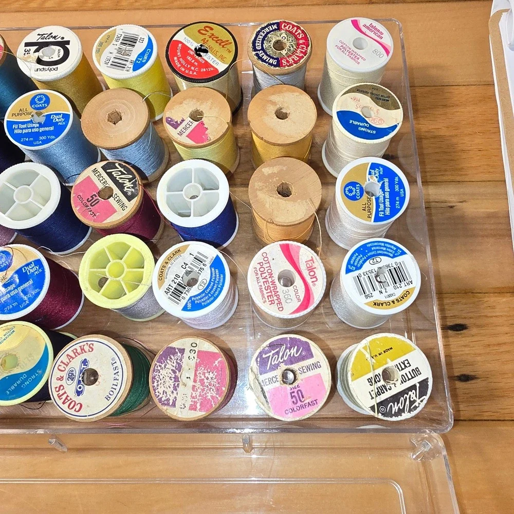 Vintage Sewing Thread Lot Wooden Plastic Spools Coats Clark Talon Lily 2 Cases